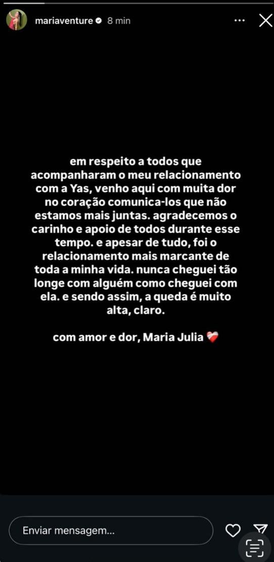 yasmin-santos-e-maria-venture-ainda-“estao-conversando”-apos-anuncio-do-termino,-diz-assessoria