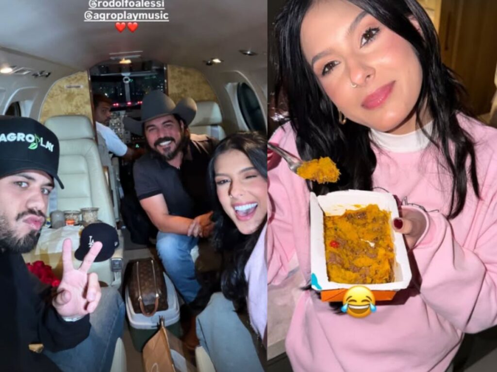 ze-felipe-e-ana-castela-viajam-de-jatinho-e-cantor-se-diverte-com-marmita-da-sertaneja