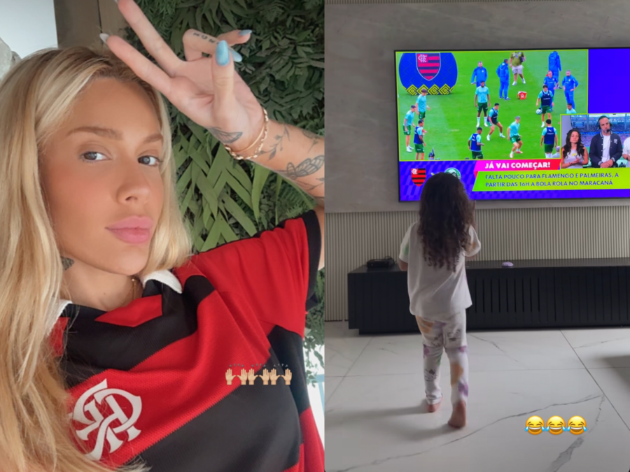 Karoline surge com blusa do Flamengo e acompanha jogo após término com Léo Pereira
