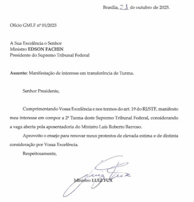 Fux pede transferência de turma no STF após isolamento em julgamentos da trama golpista