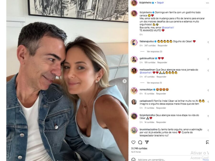 Ticiane Pinheiro faz publicação apoiando mudança de Tralli para o RJ: “Maior desafio”