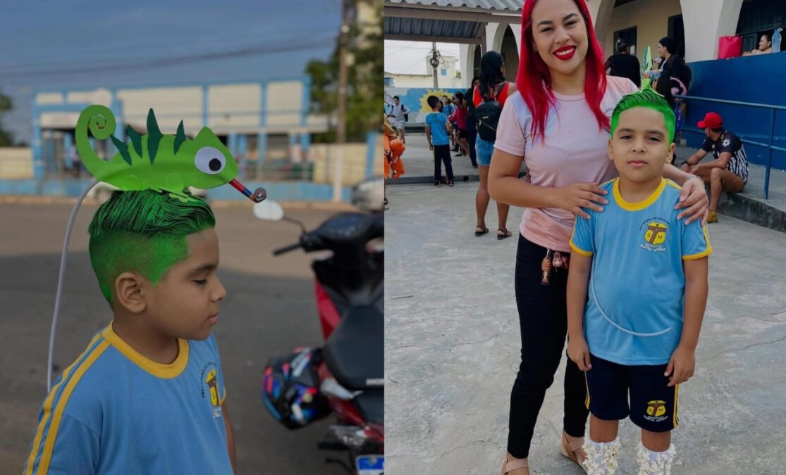 Aluno chama atenção por cabelo e por levar “meia de pipoca” ao pé da letra no Dia do Cabelo e Meia Maluca
