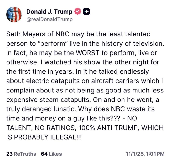 Trump ataca Seth Meyers e diz que piadas contra ele são “provavelmente ilegais”