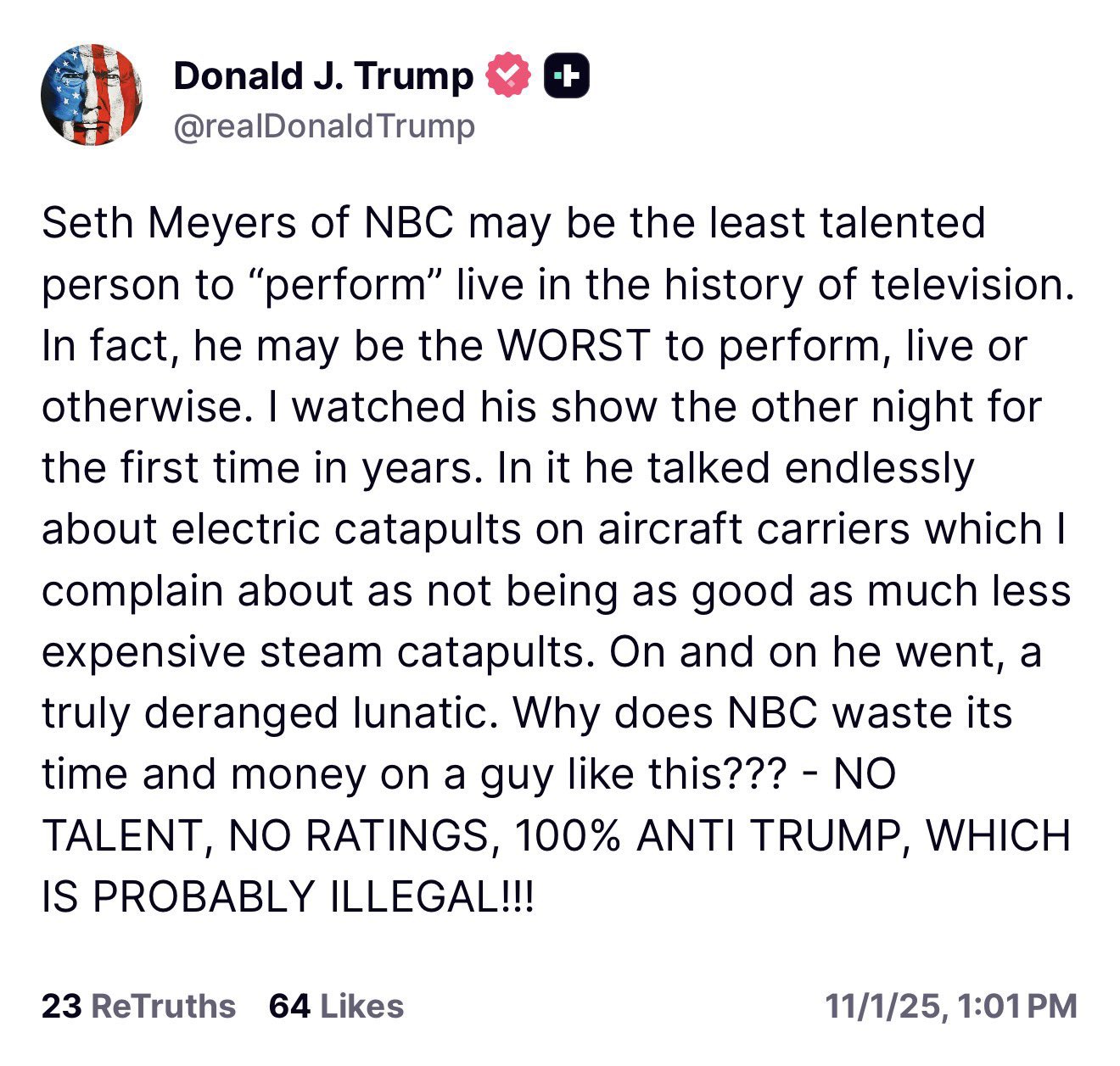 Trump ataca Seth Meyers e diz que piadas contra ele são “provavelmente ilegais”
