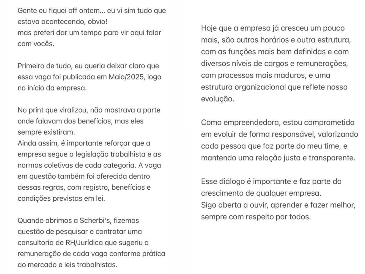 Após vaga de R$1,8 mil viralizar, Isabella Scherer diz que print “foi mal interpretado”