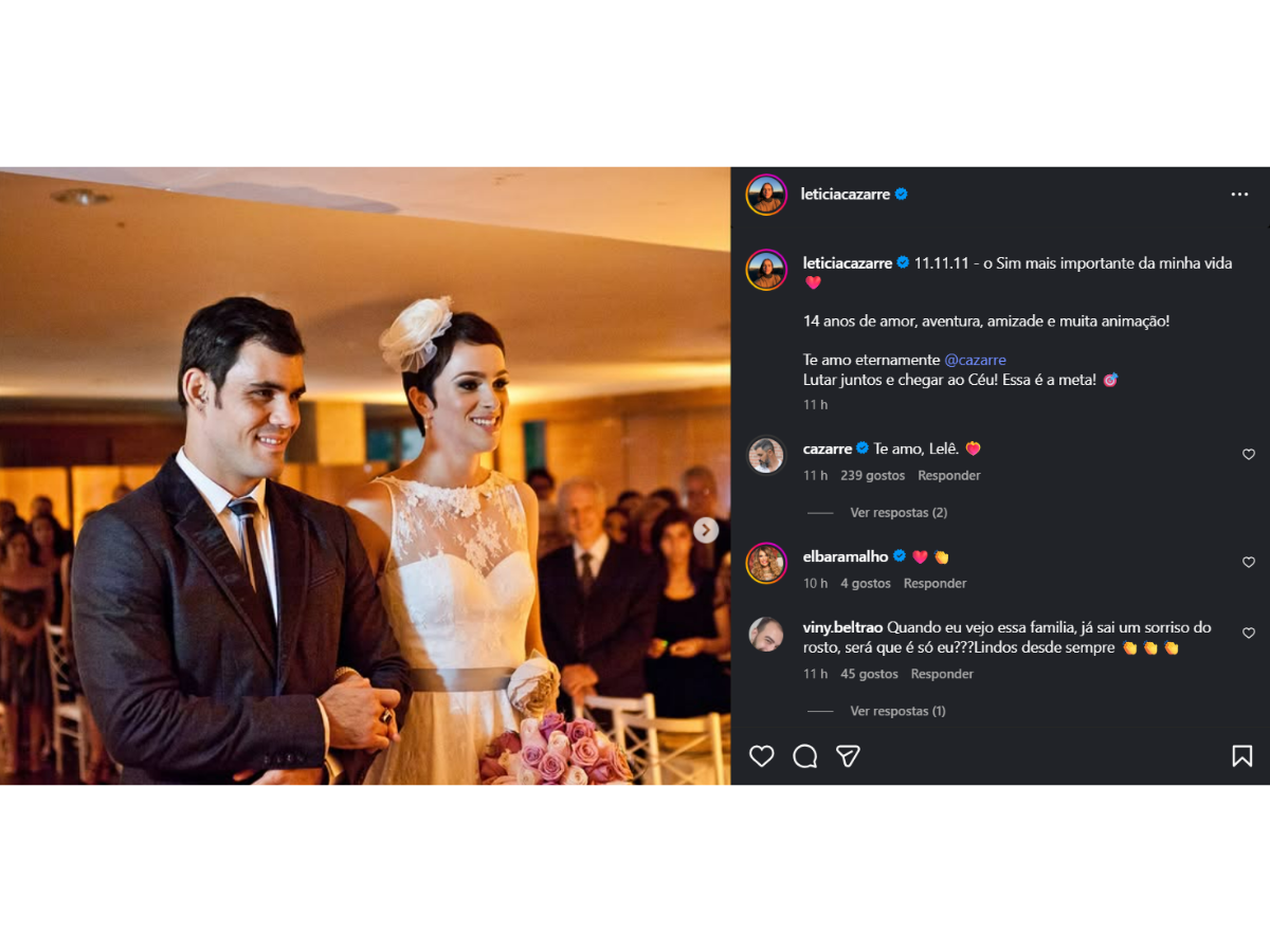 Juliano e Leticia Cazarré comemoram 11 anos de casados: “Chegar ao céu”
