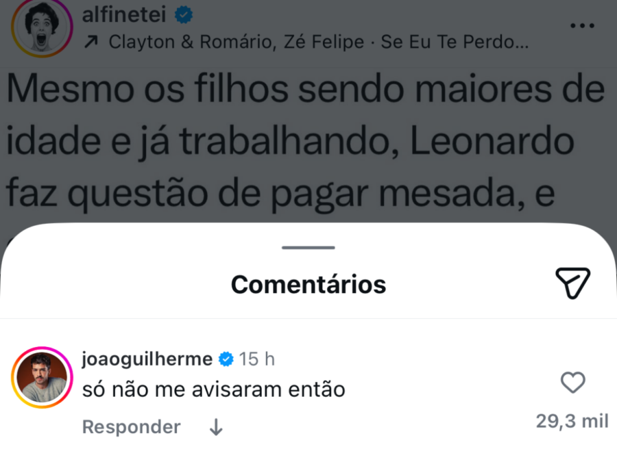 João Guilherme nega mesada de Leonardo para os filhos e brinca: “Não me avisaram”