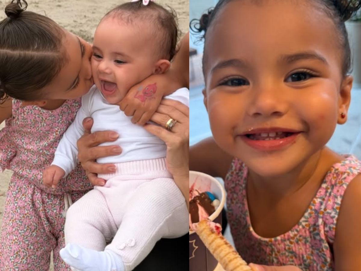 Mavie e Mel, filhas de Neymar Jr., se divertem na praia durante passeio em Santos