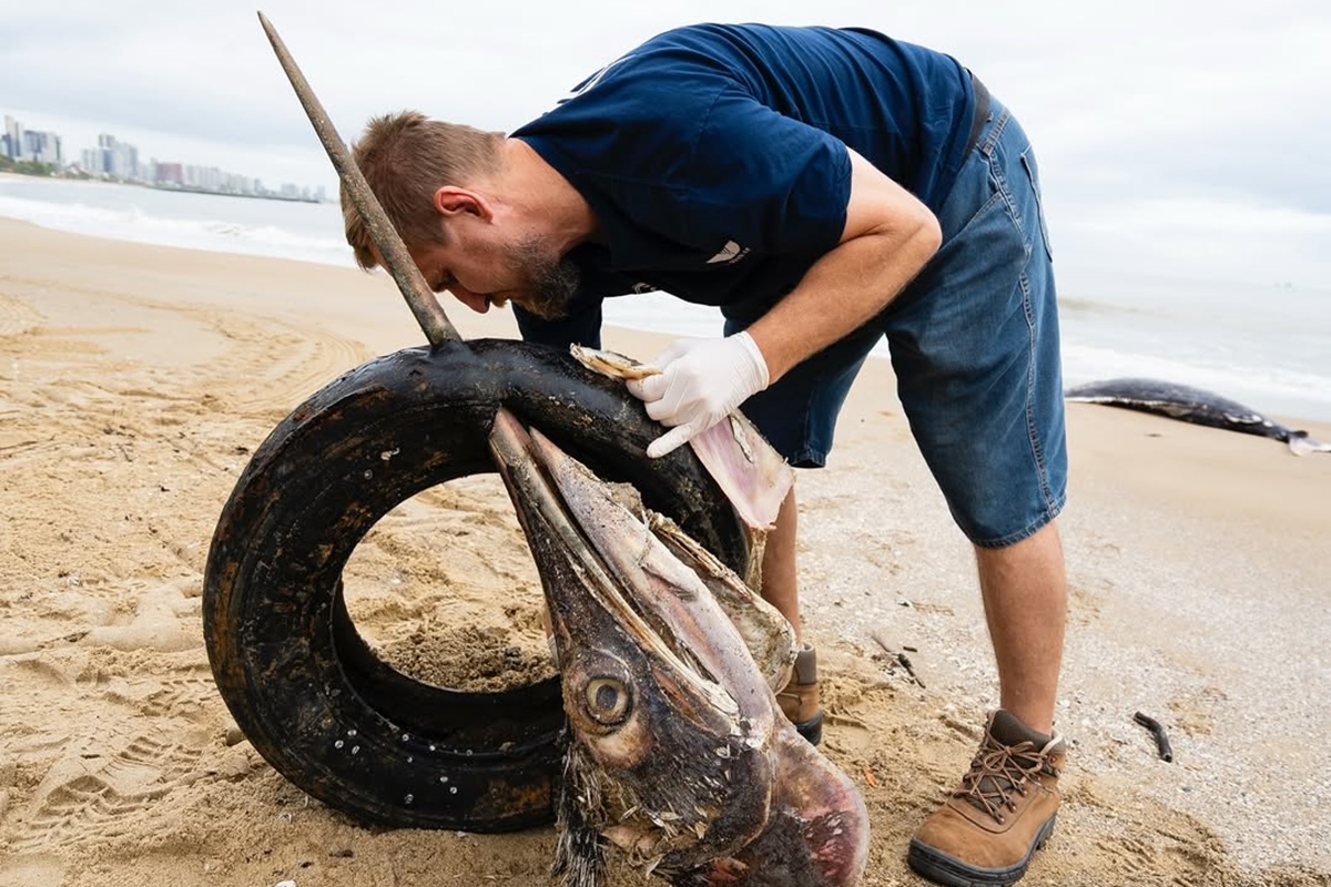 Peixe gigante é encontrado morto com pneu preso no bico em SC