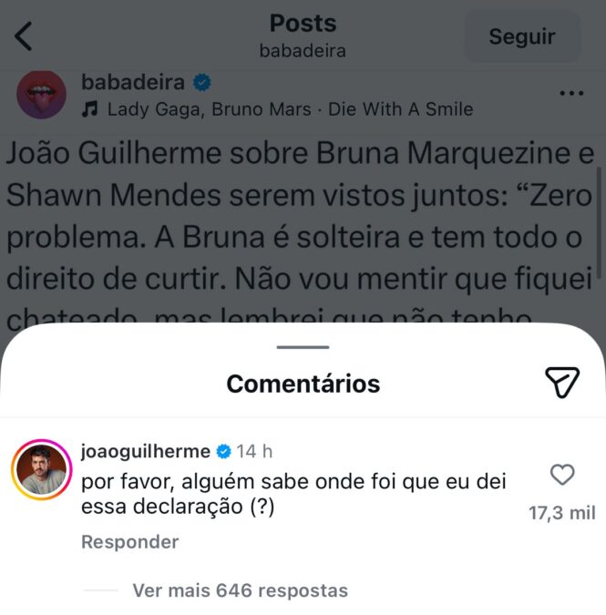 João Guilherme desmente declaração sobre incômodo com encontro de Bruna e Shawn Mendes