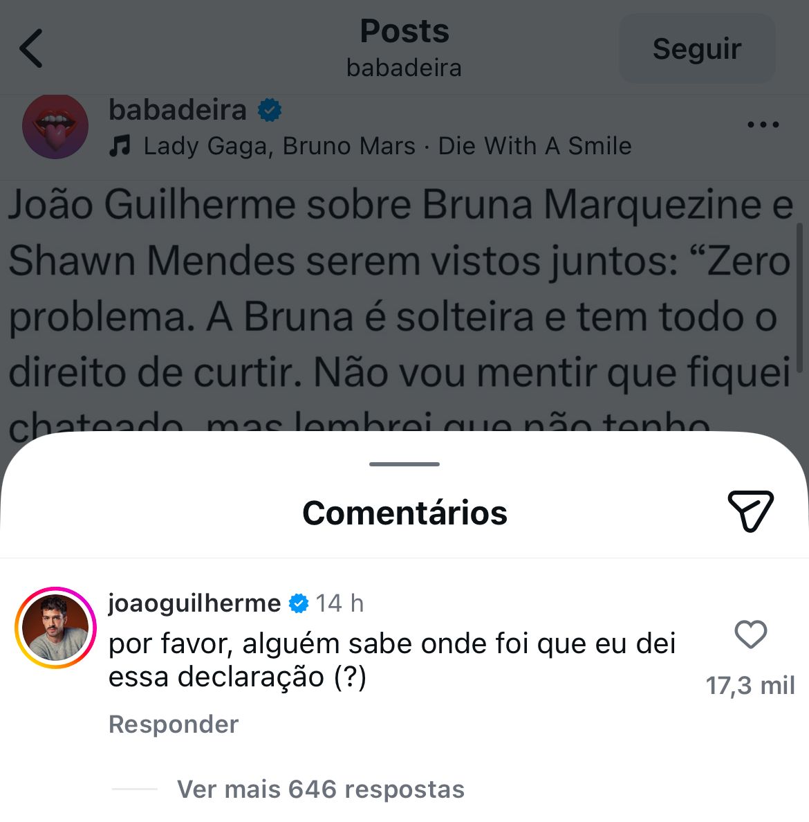 João Guilherme desmente declaração sobre incômodo com encontro de Bruna e Shawn Mendes