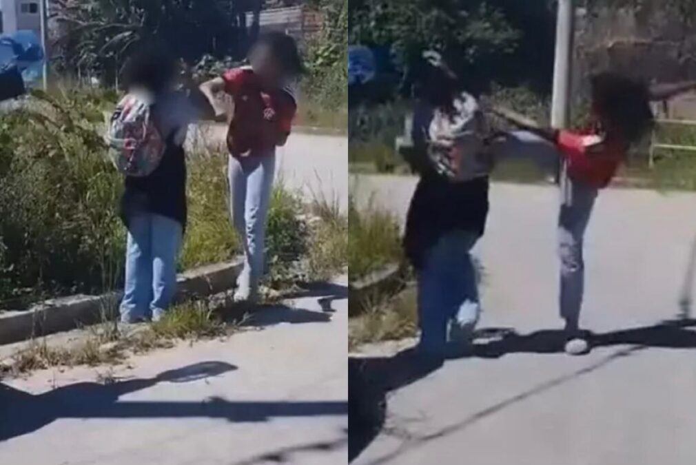 Menina de 13 anos agride colega com chutes e socos na saída de escola