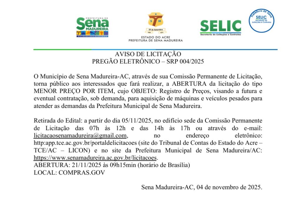 Aviso de Licitação: Pregão Eletrônico – SRP 004/2025