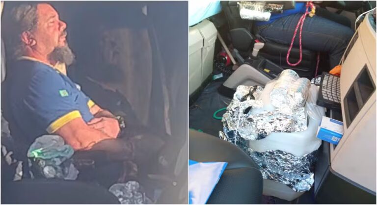 Imagens da PM mostram artefatos dentro da carreta que está atravessada no Rodoanel — Foto: Reprodução