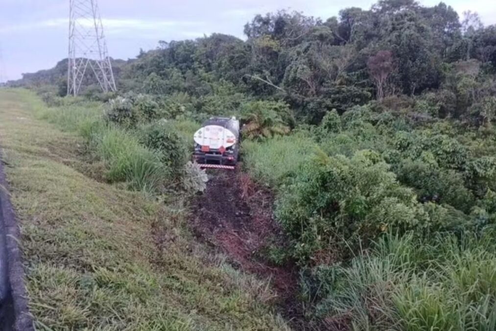 Caminhão cai em barranco após motorista se assustar com besouro
