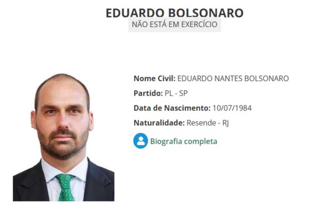 “Não está em exercício”: site da Câmara atualiza status de Eduardo Bolsonaro