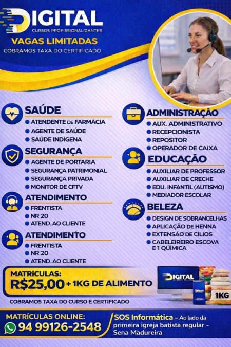 Cursos profissionalizantes abrem vagas limitadas em Sena Madureira