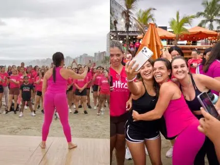 Personal Carol Vaz reúne centenas de mulheres em treinão na Praia Grande, no litoral de SP