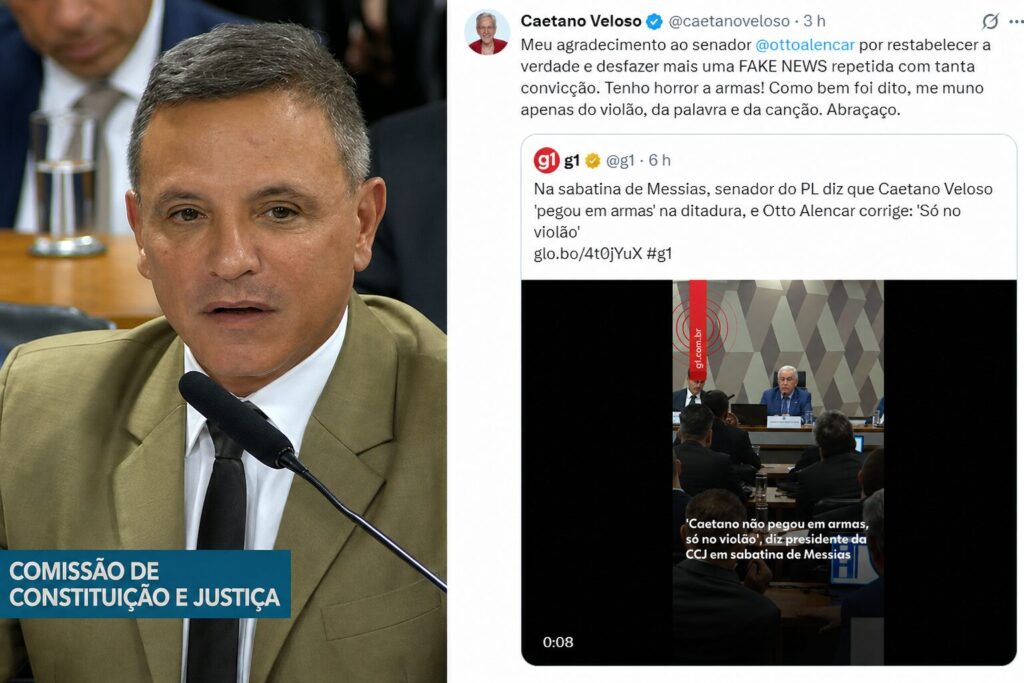 Caetano Veloso rebate senador do Acre Marcio Bittar após fala sobre armas na ditadura.