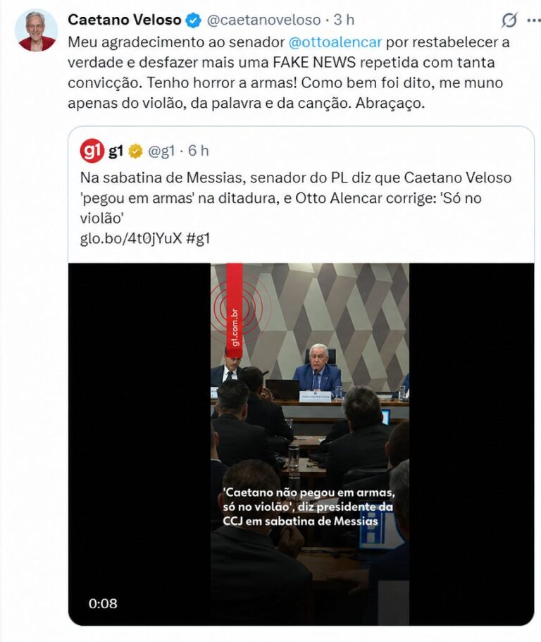 Caetano Veloso rebate senador do Acre Marcio Bittar após fala sobre armas na ditadura.