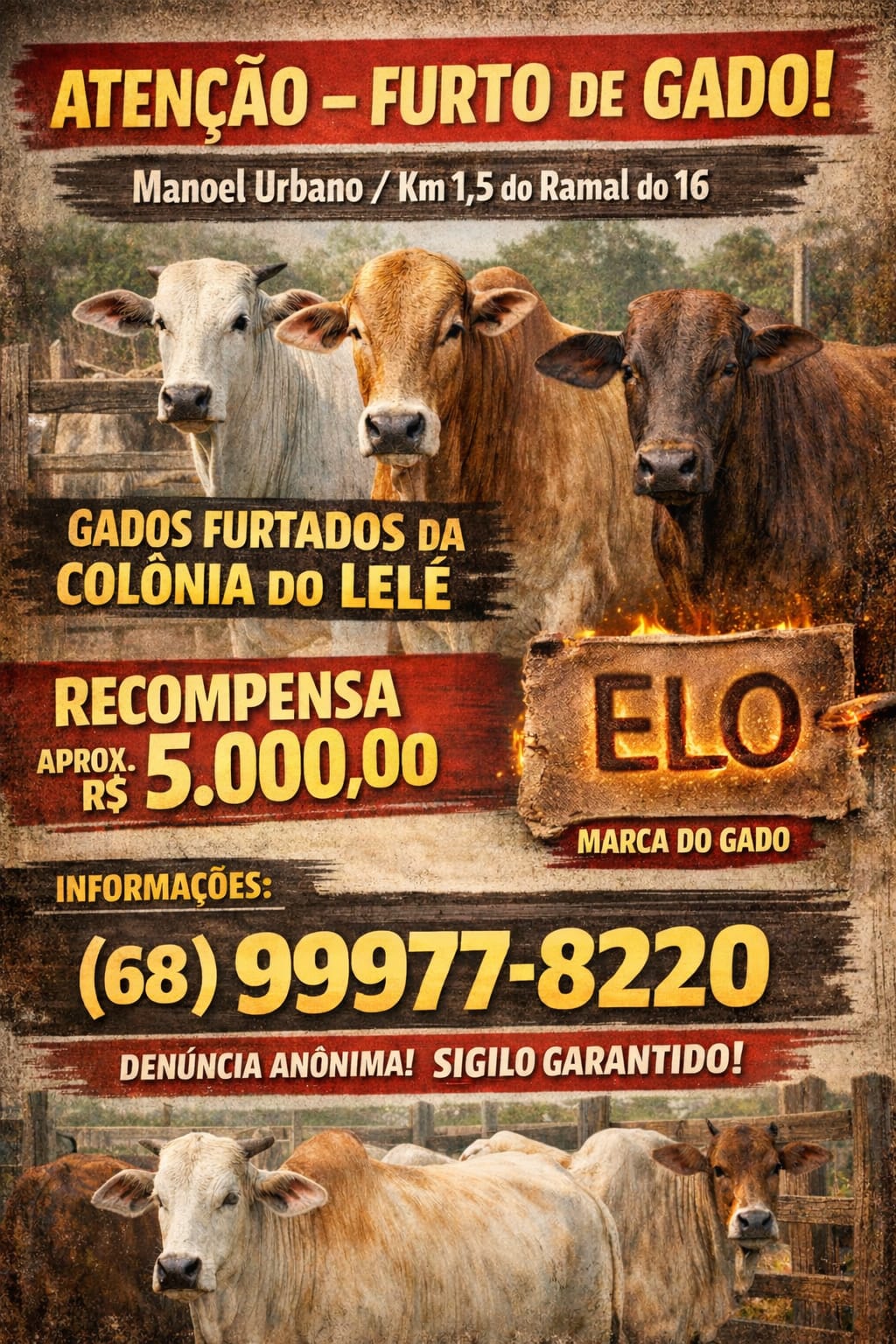 Gado é furtado em propriedade rural de Manoel Urbano; dono oferece recompensa