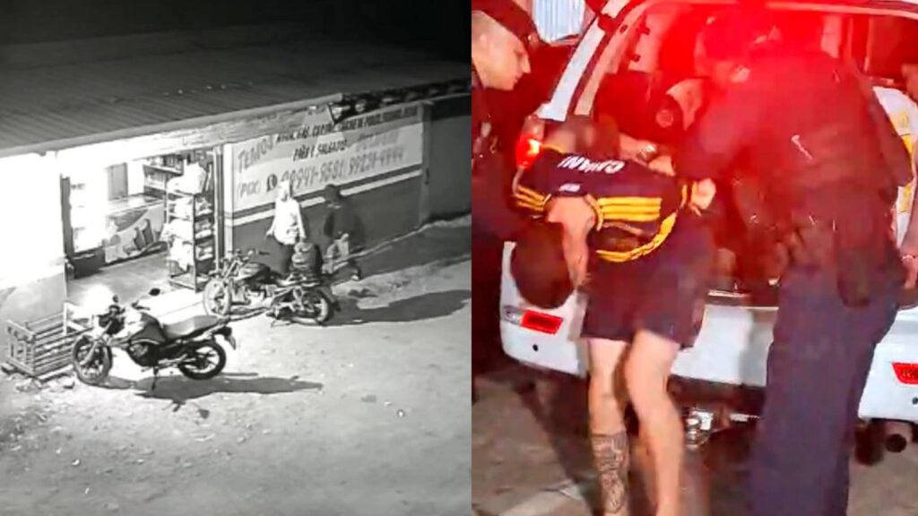 Ação de assalto registrada por câmera de segurança em mercearia e, ao lado, suspeito sendo preso e colocado em viatura da Polícia Militar durante operação em Rio Branco.