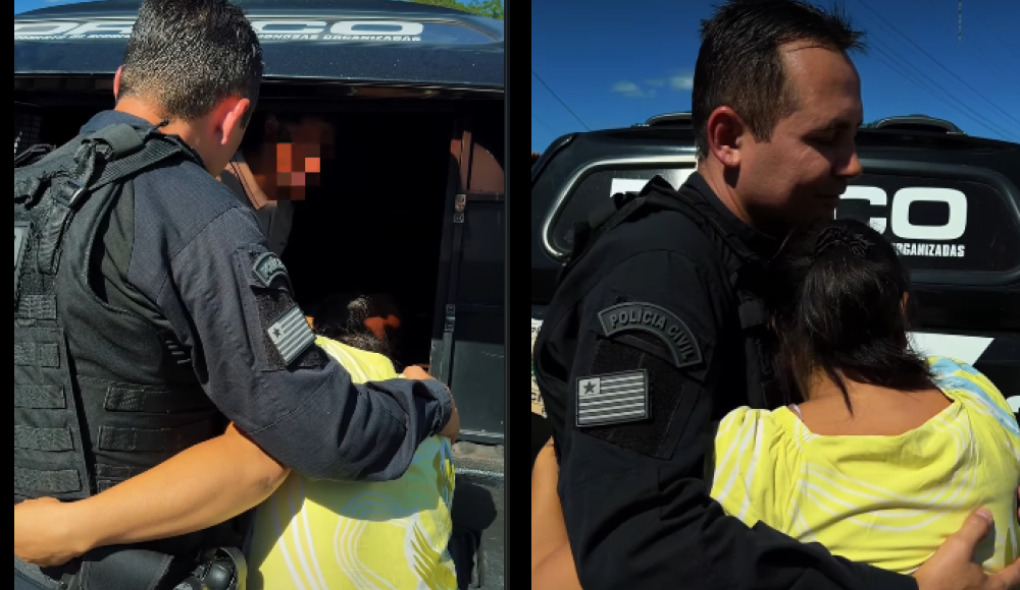 Mãe chorando durante abordagem policial em operação contra facções criminosas no Piauí.