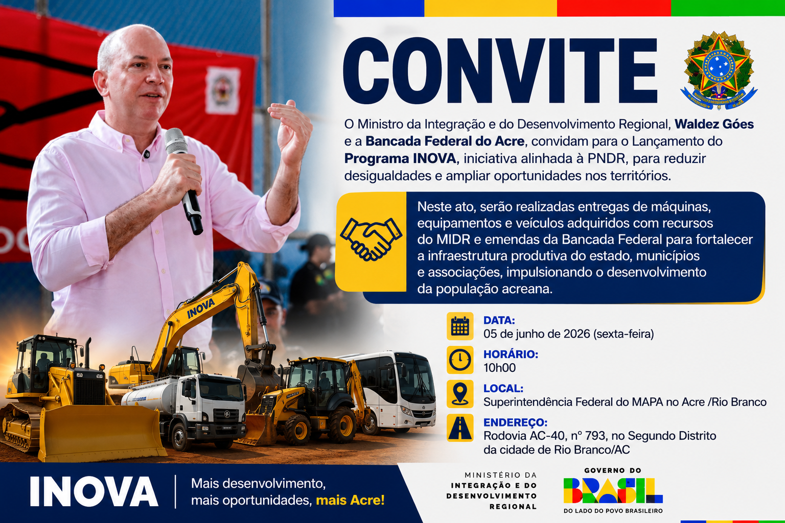 Gerlen Diniz recebe convite e confirmação de entrega de máquinas, veículos e equipamentos para Sena Madureira