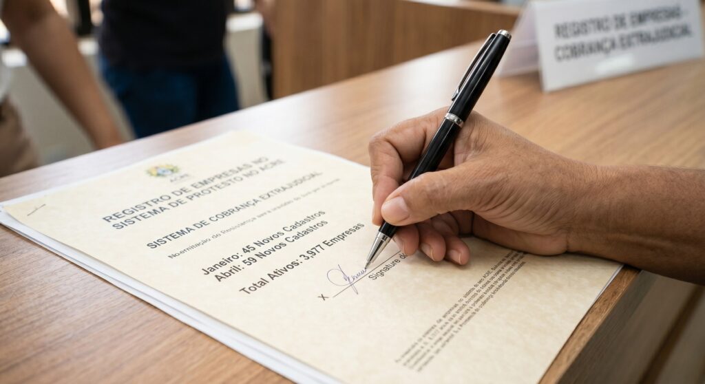 Atendimento em cartório com documentos financeiros relacionados a cobrança extrajudicial no Acre.