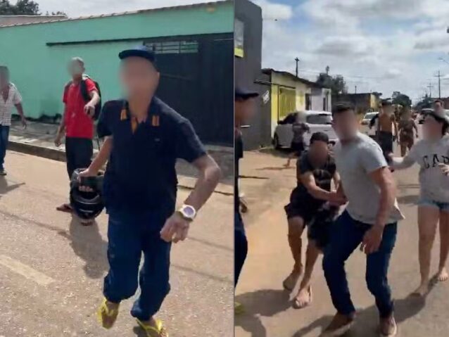 Repórter sendo cercado durante cobertura jornalística em Porto Velho.