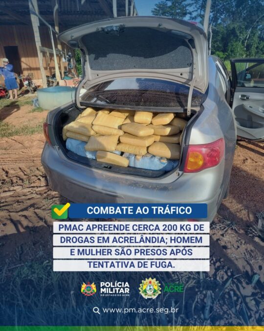 Apreensão de drogas em Acrelândia com 200 kg: perseguição termina com prisão