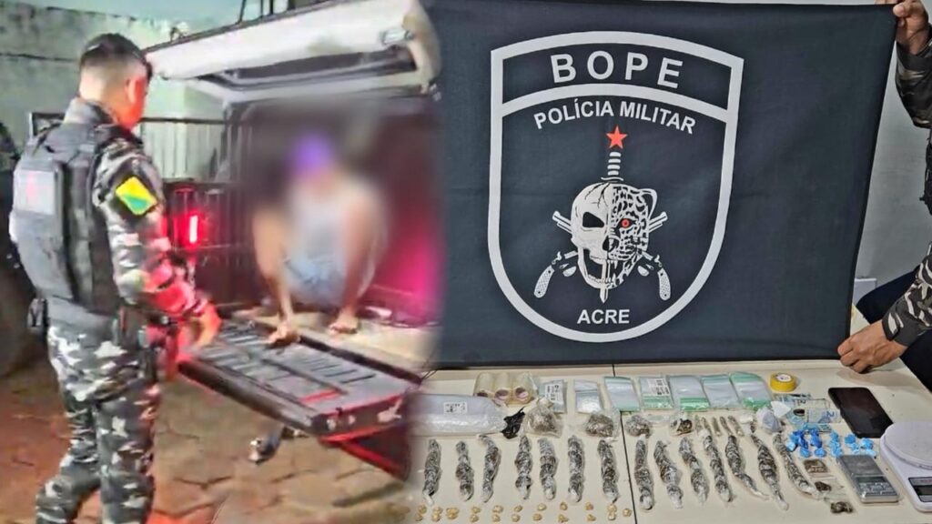 Policiais do Bope durante apreensão de drogas em bairro de Rio Branco.