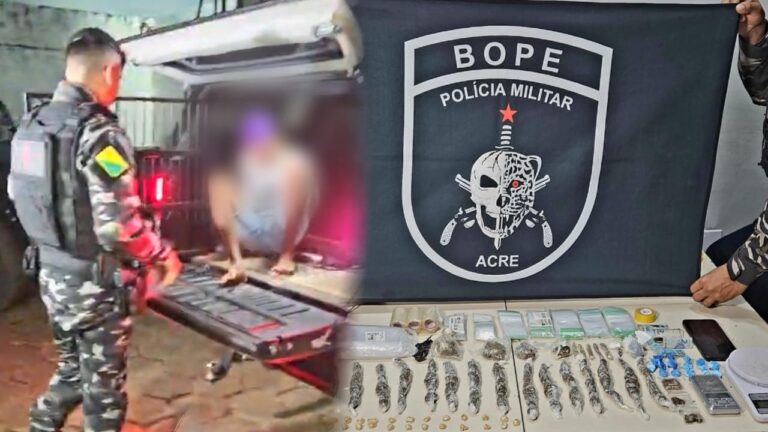Policiais do Bope durante apreensão de drogas em bairro de Rio Branco.