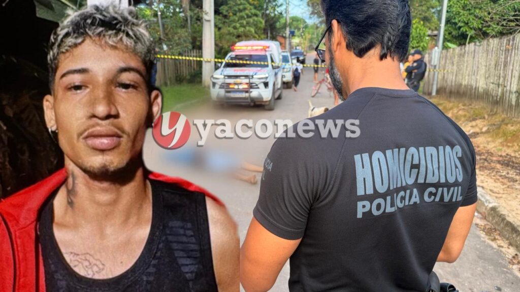 Polícia Militar e equipes do IML durante atendimento de ocorrência de homicídio no bairro Taquari, em Rio Branco.