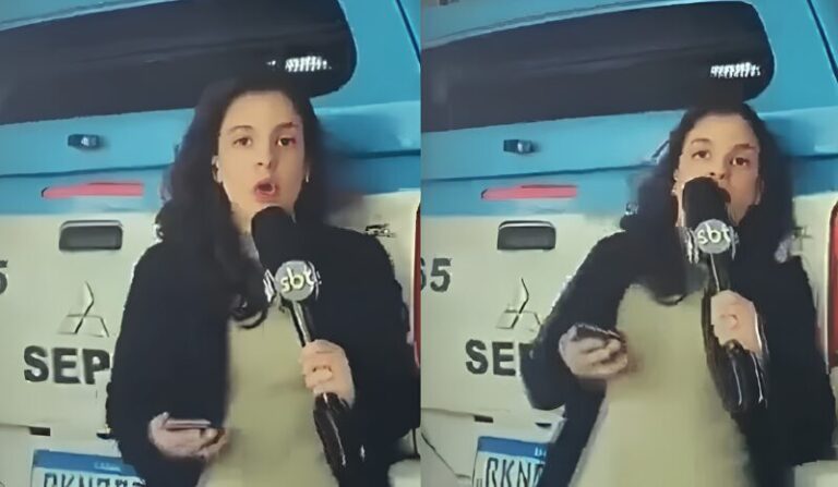 Repórter do SBT Rio durante transmissão ao vivo antes de ser atingida por viatura da PM.