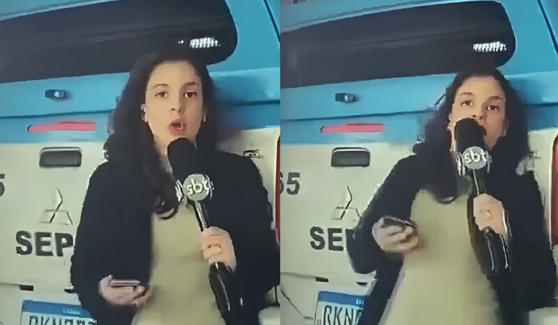 Repórter do SBT Rio durante transmissão ao vivo antes de ser atingida por viatura da PM.