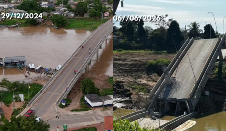 Antes e depois da Ponte Frei Paolino Baldassari após desabamento em Sena Madureira.