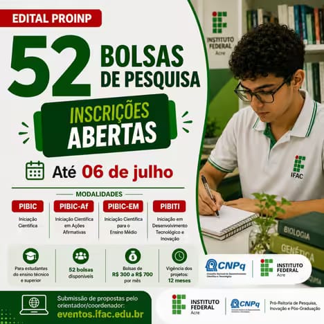 Ifac abre seleção para bolsas de iniciação científica e tecnológica com inscrições até 6 de julho