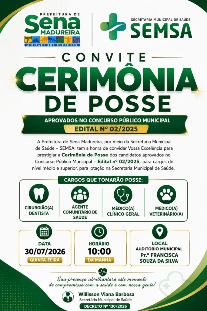 Prefeitura de Sena Madureira realiza posse dos aprovados no concurso público da Saúde