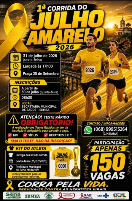 Sena Madureira abre inscrições para a 1ª Corrida do Julho Amarelo 2026