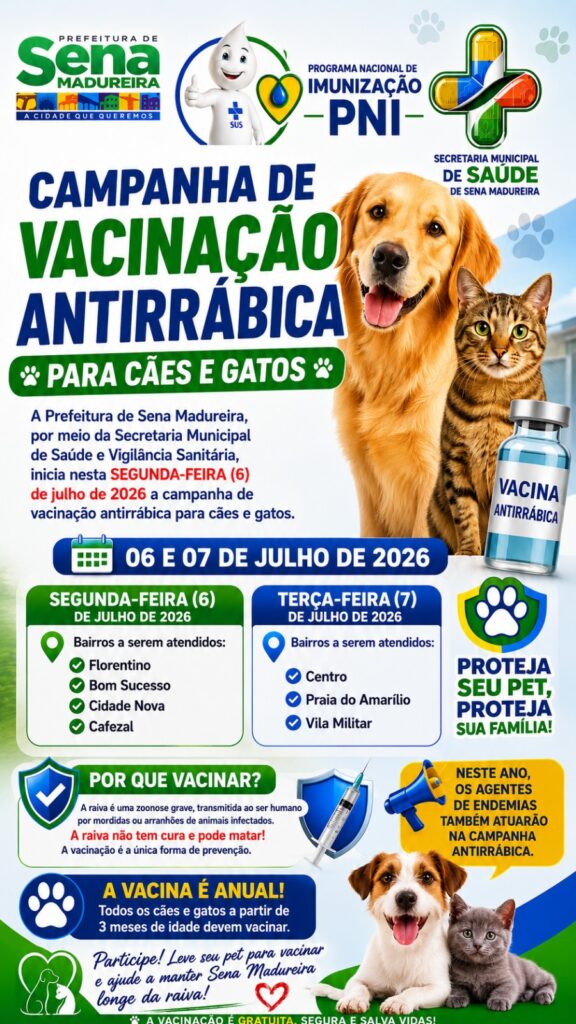 Campanha de vacinação antirrábica para cães e gatos em Sena Madureira