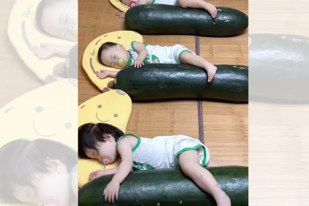Pais usam melões gigantes para aliviar o calor de bebês na China