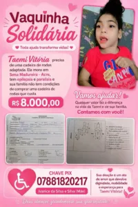 Menina com paralisia cerebral precisa de cadeira de rodas adaptada em Sena Madureira