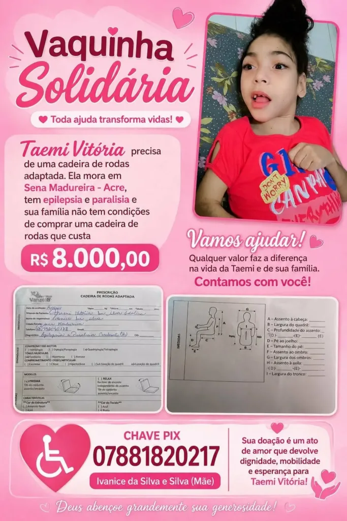 Menina com paralisia cerebral precisa de cadeira de rodas adaptada em Sena Madureira