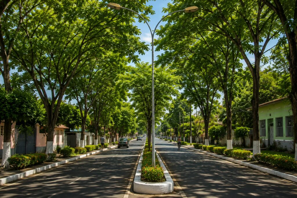 Imagem criada por inteligência artificial mostra projeção de como poderia ficar a Avenida Avelino Chaves com árvores e mais áreas verdes em Sena Madureira.