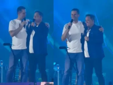 Pedro Leonardo se declara ao pai, Leonardo, em show: “Melhor amigo que tenho”