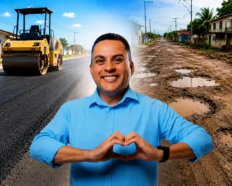 Gilberto Lira em montagem ilustrativa entre uma rua recém-pavimentada e outra com buracos, em referência ao debate sobre recursos para pavimentação.