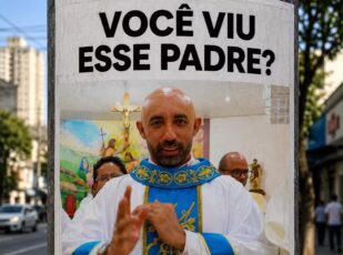 Cartaz da feijoada do Santuário Divina Misericórdia com a brincadeira sobre padre desaparecido.