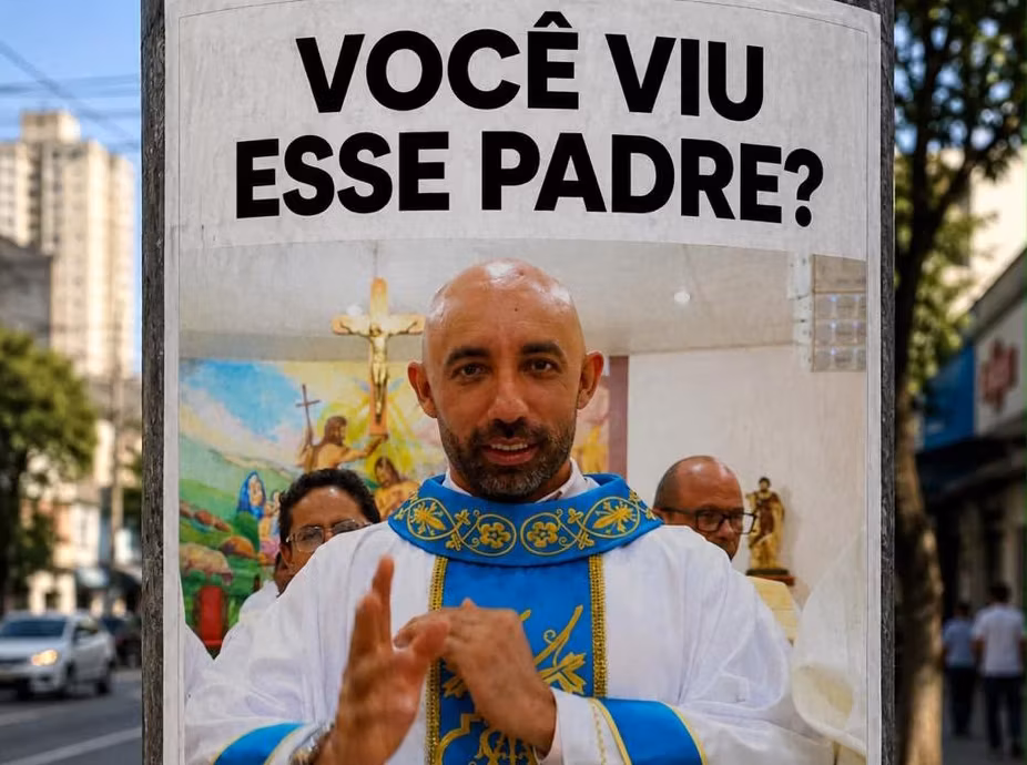 Cartaz da feijoada do Santuário Divina Misericórdia com a brincadeira sobre padre desaparecido.