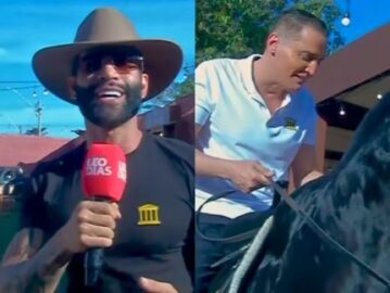 Gusttavo Lima ensina Leo Dias a montar a cavalo em Barretos